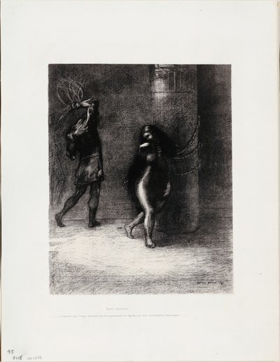 Sint Antonius: "Onder haar lange haar, dat haar gezicht bedekte, dacht ik Ammonaria te herkennen", plaat 1 van 6 door Odilon Redon