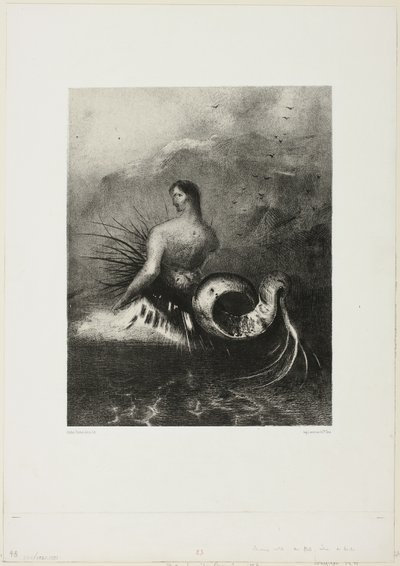 Sirene die uit de golven komt, gekleed in vlammen, plaat 4 van 8 uit "Les Origines" door Odilon Redon