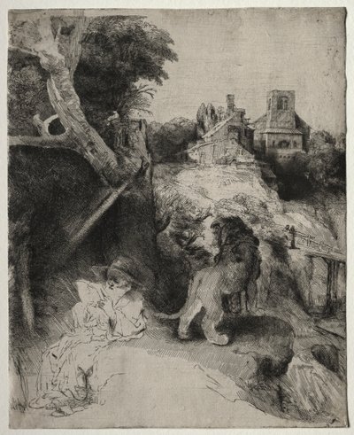 St. Hiëronymus Lezend in een Italiaans Landschap door Odilon Redon