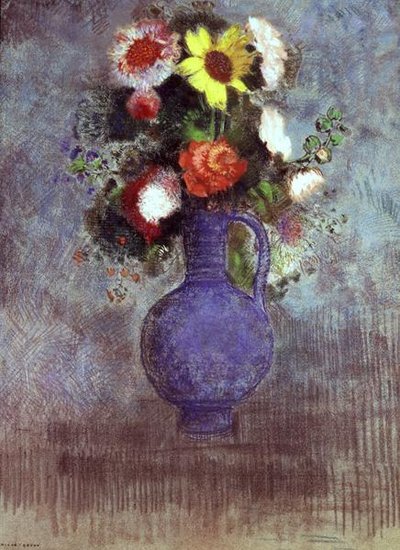 Stilleven van bloemen in een blauwe vaas door Odilon Redon