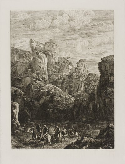 De doorwaadbare plaats: Landschap met ruiters door Odilon Redon