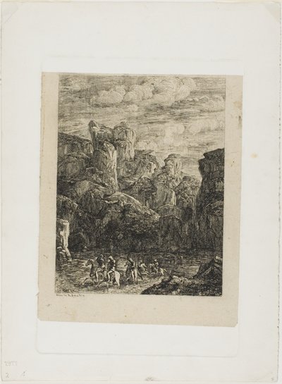 De doorwaadbare plaats: landschap met ruiters door Odilon Redon