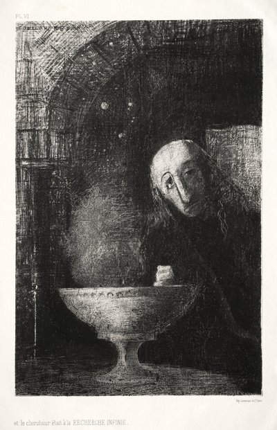 De nacht: En de zoeker was bezig met een oneindige zoektocht door Odilon Redon