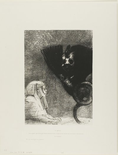 De Sfinx: "...mijn blik die niets kan afleiden, door objecten heen gaat, blijft gericht op een ontoegankelijke horizon." De Chimera: "Wat mij betreft, ik ben licht en vrolijk," plaat 5 uit Aan Gustave Flaubert door Odilon Redon