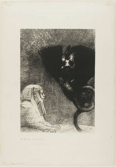 De Sfinx: "...mijn blik die niets kan afleiden, door objecten heen gaat, blijft gericht op een ontoegankelijke horizon." De Chimera: "Wat mij betreft, ik ben licht en vrolijk," plaat 5 uit Aan Gustave Flaubert door Odilon Redon