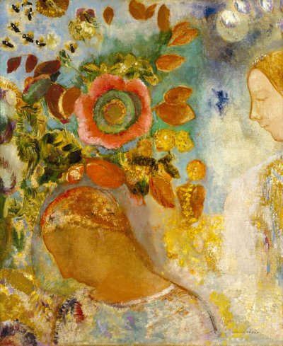 Twee jonge meisjes tussen bloemen door Odilon Redon