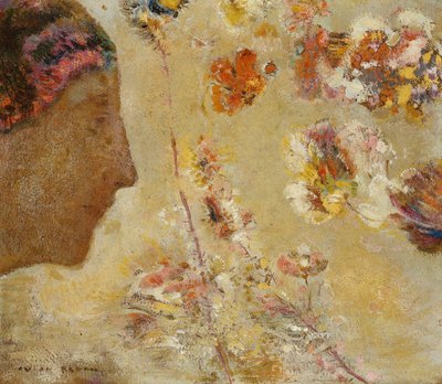 Vrouw in profiel met vlinder en bloemen door Odilon Redon