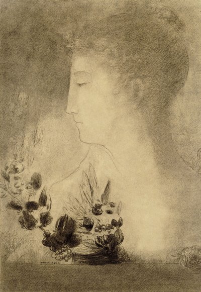 Vrouw in profiel met een lauwerkrans door Odilon Redon