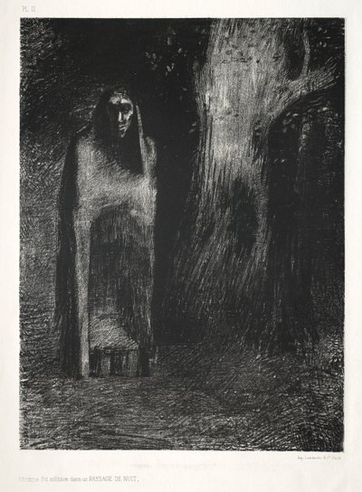 De nacht: De man was alleen in een nachtlandschap, 1886 door Odilon Redon Lemercier and Cie.