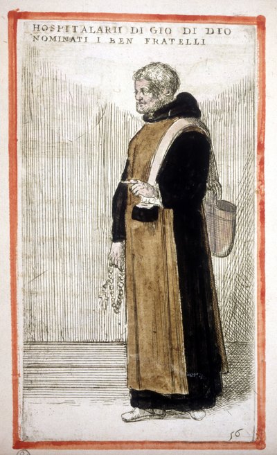 Religieuze orde: de Hospitaalbroeders van Sint-Jan van God (gravure, 16e eeuw) Volgens O. Fialetti door Odoardo Fialetti