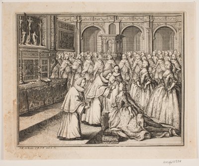Bisschop Hersleb zalft koningin Louise in de Frederiksborg Slotkerk. Illustratie voor de zalvingsakte van Frederik IV door Odvardt Helmoldt de Lode