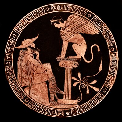 Rode figuur Attische kylix met Oedipus en de Sfinx, Vulci, ca.470 v.Chr. door Oedipus Painter (attr. to)