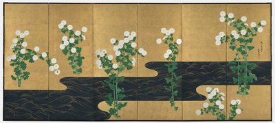 Chrysanten bij een Stroom, paar zesdelige vouwschermen, eind 1700s-begin 1800s door Ogata (follower of) Korin