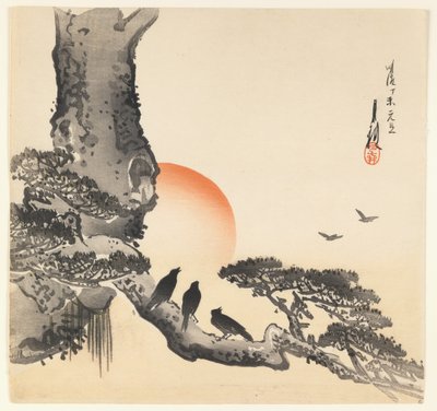 Kraaien op een Boomstam, Meiji Periode, ca. 1890-1910 door Ogata Gekko