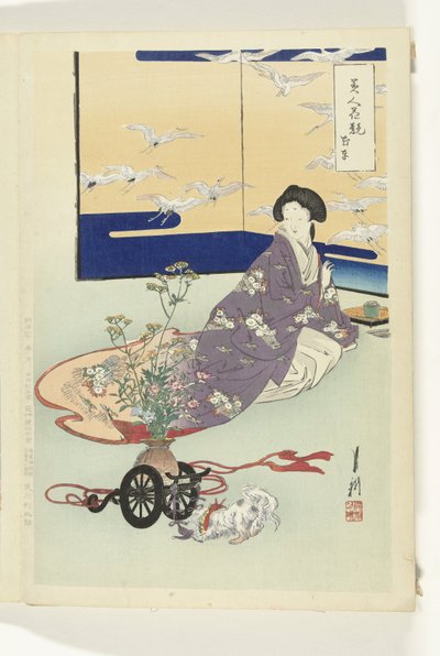 Hondje spelend met bloemenwagen door Ogata Gekko