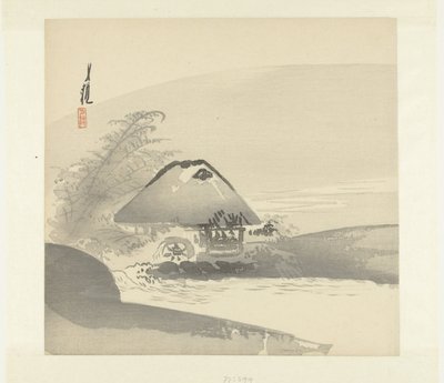 Rivierlandschap waarin huis met waterrad door Ogata Gekko