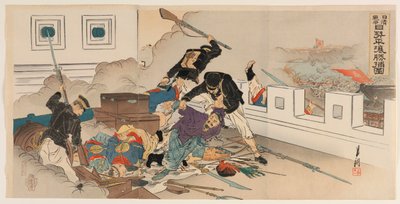 Sino-Japanse oorlog: Japanse troepen bij de overwinning op Pyeongyang door Ogata Gekko