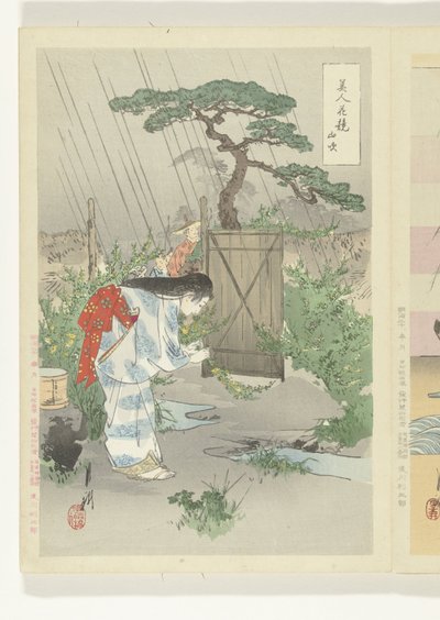 Vrouw buigend over Yamabuki struik door Ogata Gekko