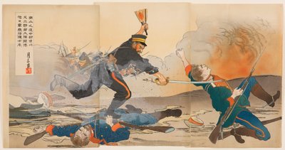 Bij de Slag om Nanshan leidde Eerste Luitenant Shibakawa Matasaburō zijn mannen door een opkomende zon oorlog waaier omhoog te houden door Ogata Gessan