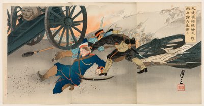 Tijdens de Grote Slag bij Hamotang in Jiuliancheng nemen onze troepen een Russische gevangene door Ogata Gessan