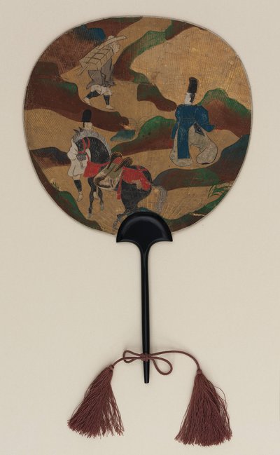 Waaier; aan de ene kant Narihira en de pelgrim; aan de andere kant chrysanten en een beek, Edo-periode, eind 17e - begin 18e eeuw door Ogata Korin
