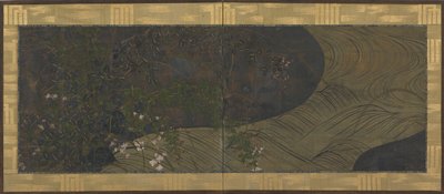 Stromend water, herfstgrassen en bloemen door Ogata Korin