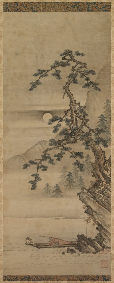 Maanverlicht Landschap van Pijnboom met Oude Man in Boot, Muromachi periode, 1392-1573 door Oguri Sotan