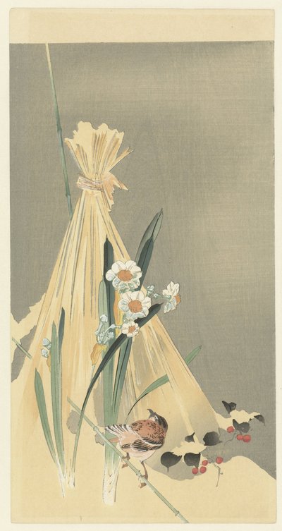 Zangvogel bij hooibundel door Ohara Koson (attributed to)