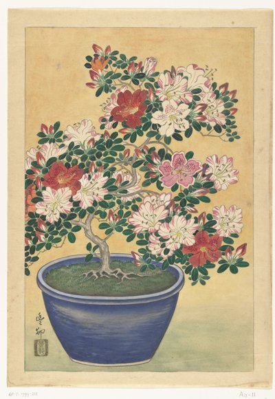 Bloeiende azalea in blauwe pot door Ohara Koson (signed by artist)