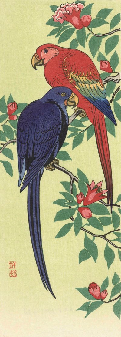 Een rode en een blauwe papegaai, door de Japanse kunstenaar Ohara Koson door Ohara Koson