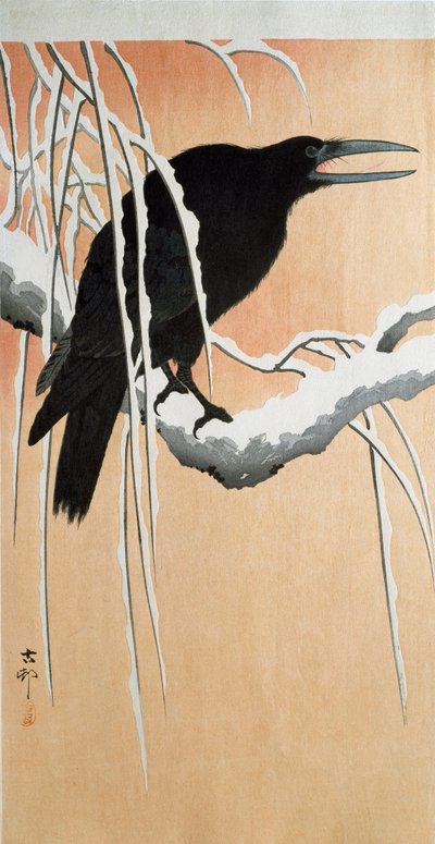 Een raaf op een besneeuwde tak door Ohara Koson