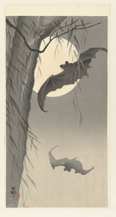 Vleermuizen en volle maan door Ohara Koson