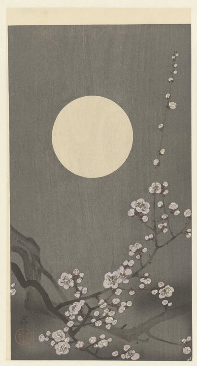 Bloeiende pruimenbloesem bij volle maan door Ohara Koson