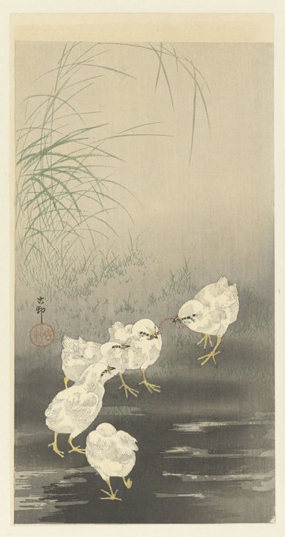 Kuikens en worm door Ohara Koson