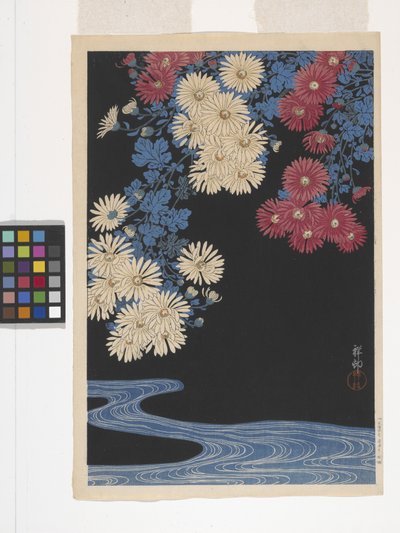 Chrysanten en stroom door Ohara Koson