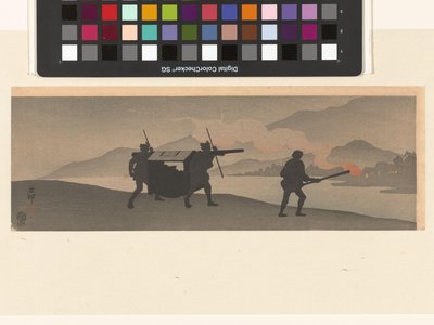 Draagstoel bij rivier door Ohara Koson
