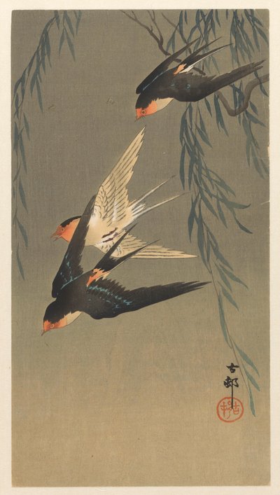 Drie roodstuitzwaluwen in duikvlucht door Ohara Koson