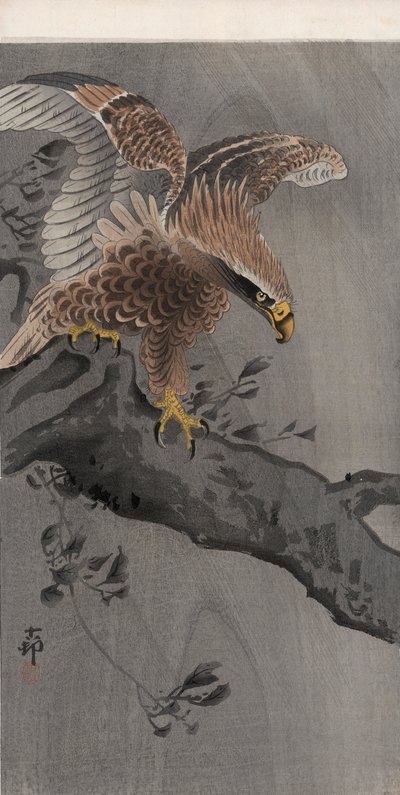 Adelaar met gespreide vleugels op boomstam door Ohara Koson