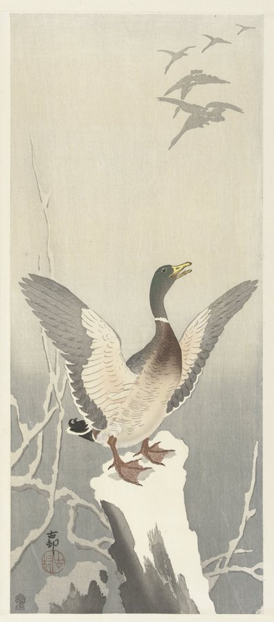 Eend op besneeuwde boomstronk door Ohara Koson