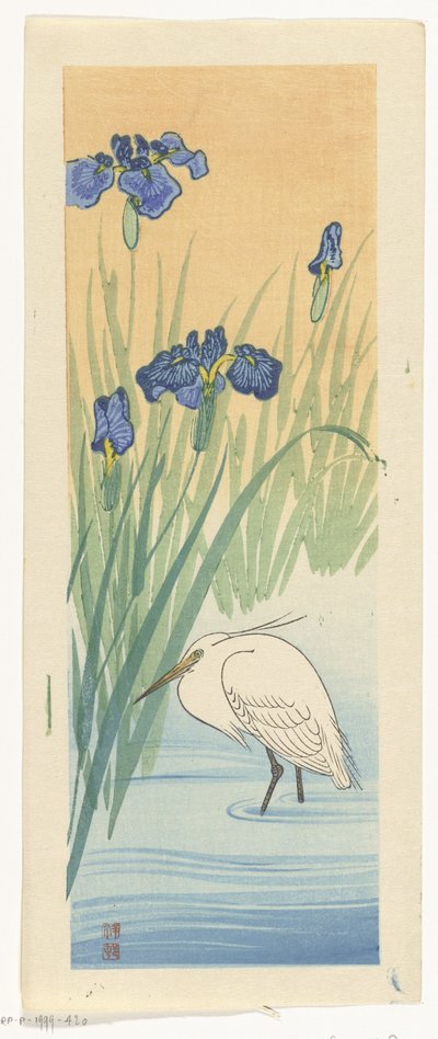 Reiger met irissen door Ohara Koson