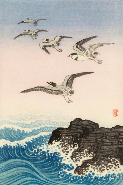 Vijf meeuwen boven een rots in de zee door Ohara Koson