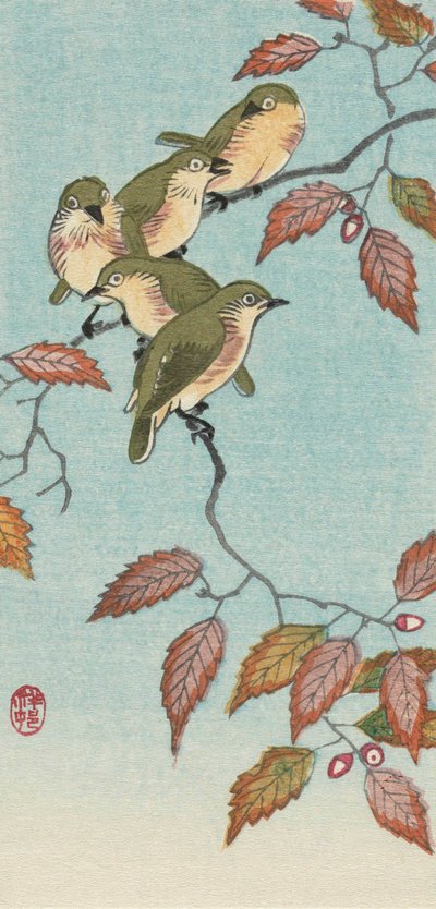 Vijf kleine vogels op een tak, door de Japanse kunstenaar Ohara Koson door Ohara Koson