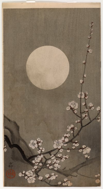 Bloeiende pruim en maan (kleur houtsnede) door Ohara Koson