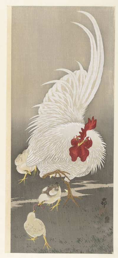 Haan en drie kuikens door Ohara Koson