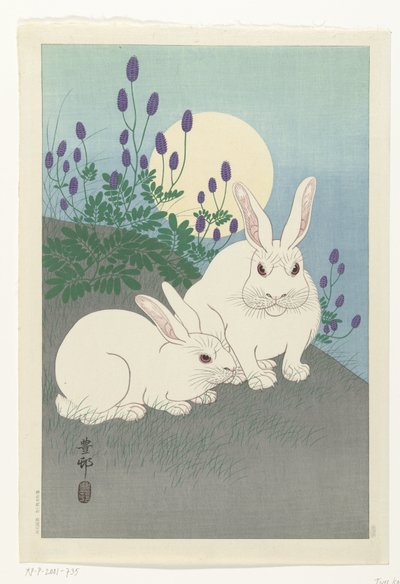 Konijnen bij volle maan door Ohara Koson