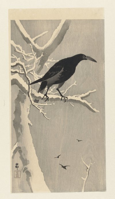 Kraai op besneeuwde boomtak door Ohara Koson