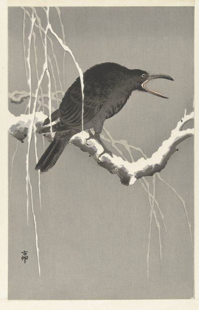 Kraai op besneeuwde boomtak door Ohara Koson