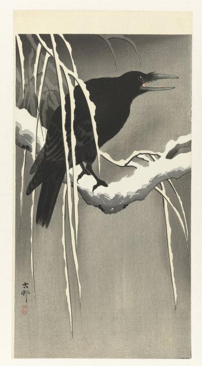 Kraai op besneeuwde tak door Ohara Koson