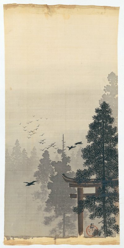 Landschap met zwerm vogels en torii door Ohara Koson