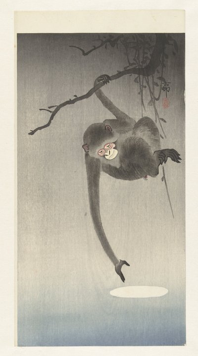 Aap reikt naar weerspiegeling van de maan door Ohara Koson